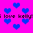 Pixelated blue hearts float on a bright pink background with repeated black text reading 'i love kelly!'