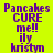 Pixelated purple text on bright yellow background reads 'Pancakes CURE me!! ily kristyn' in two identical vertical