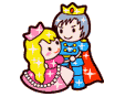 Animated pixel art of a prince and princess in various poses including hugging, kissing, and holding hands with a heart symbol.