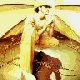 Animated sequence showing a figure in golden robes transitioning through multiple poses against changing backgrounds including blue and red-and-gold patterns
