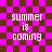 Pixelated text 'summer is coming' on a pink and brown checkered background with visible animation distortion effects.