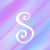 Six white stylized letters and punctuation on a purple-blue striped background, arranged in two of three