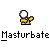 Pixelated character with white circular head and yellow shirt, two poses showing arm positions against gray background.