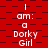 Red background with dark purple checkered pattern and repeated white text "I am: a Dorky Girl" in pixelated font.