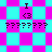 Pixelated icon with cyan and magenta checkered background, repeating 'I <3' text above question marks in four quadrants.