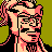 Pixelated 48x48 static icon of a character with pink hair, black glasses, and a beard against an olive-green background.
