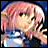 Animated 8-bit style icon of a pink-haired character with green eyes, wearing a blue and white outfit, making hand gestures with visible text overlays.