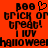 Pixelated orange background with black text reading 'boo brick or treat! i luv halloween' and a heart symbol, displayed in two identical side-by-side