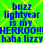 Pixelated blue text on a bright green background with yellow starburst lines, repeating 'buzz lightyear is my HERROO!!!haha lizzy' in two identical vertical