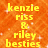 Yellow pixelated text on an orange background reads 'kenzie piss & riley besties' with scattered white sparkles.