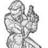 Pixelated grayscale figure in dynamic pose holding a large object with both hands, head turned left, wearing a helmet-like headpiece.