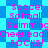 Pixelated text listing sports and cheerleading terms over a blue and cyan checkered background with star shapes.