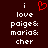 A dark red background displays white pixelated text reading "i love paige& maria& cher" with a red heart symbol above the 'i' in the left , while the right shows identical text without the heart