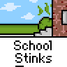 Animated contact sheet of a pixel art school scene with a stick figure character and repeated text "School Stinks" across multiple frames showing speech bubble changes.