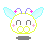 Pixel art character with light blue wings, purple antennae with pink stars, and pink cheek marks in two states: neutral with closed mouth and smiling with open mouth and floating hearts.