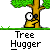 Pixel art contact sheet showing two frames of a tree-hugging character animation with visible pose differences between frames.