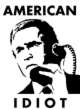 Black-and-white pixelated icon featuring a stylized human figure with text "AMERICAN" above and "IDIOT" below, holding an old-fashioned telephone receiver to their ear.