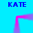 Blue background with four instances of the text KATE in blue pixelated font, connected by a pink and purple gradient line forming a square outline.