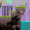 Pixel art scene with rocky terrain, green mossy edges, and a teal water body under purple sky.