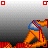 Pixel art animation frame showing a female character in red outfit standing over two kneeling figures with blue shorts, surrounded by red squares and text elements on gray background.