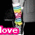 Animated icon with four distinct sections showing different visual styles and text treatments of the word 'love' against varied backgrounds.