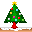 Pixelated green Christmas tree with red trunk, yellow star, and multicolored ornaments on gray background with snow and brown ground strip.