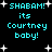 Pixelated cyan text on black background with white stars, repeating 'SHABAM! its Courtney baby!' in four identical sections.