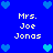 Blue background with pixelated hearts and repeated text "Mrs. Joe Jonas" in white.
