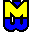 Pixelated yellow and blue icon with stylized 'M' shapes in a vertical arrangement, transitioning from full to partial forms across frames.