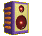 Pixelated speaker icon with purple side , yellow border, and red circular elements showing sequential sound wave animations