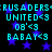 Pixelated cyan text on black background with blue stars, repeating 'CRUSADERS', 'UNITED<3', '08'<3', and 'BABAY<3' in two