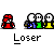 A 4x4 contact sheet of pixel art frames showing a red character with white hair and three other characters in blue, green, and yellow outfits, each frame labeled "Loser" below the group.