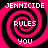 Four identical pink and black spiral patterns arranged in a , each containing white pixelated text reading JENNICODE RULES YOU