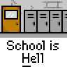 Animated contact sheet of a pixel art school scene with a stick figure character and