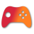 Pixelated game controller icon with red-to-orange gradient, circular analog stick on left, four gray directional buttons on right, and gray outline on light gray background.