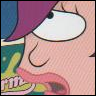 Close-up of a cartoon character with purple hair, large white eye, and open mouth showing teeth, wearing a blue and green patterned garment.