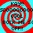 Four identical red and cyan spiral patterns with overlaid text reading KAY!!, COOL, ROCK ME SO, and OFF!! on a cyan background.