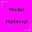 Pixelated text and star motifs on a bright pink background with repeated 'Model' and 'Material' labels.