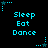 Pixelated cyan text 'Sleep Eat Dance' appears in a with star-shaped motion trails on black background