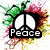 Pixelated icon with peace symbol, hearts, and smiley face; text labels 'Peace', 'Love', 'Happiness' on white background.