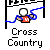 Pixelated static icon showing a stick figure with white head and red torso holding blue ribbon, positioned under black flag structure on gray background with "Cross Country" text below.