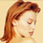 Pixelated close-up of a person with long reddish-brown hair in profile view against a light beige background.