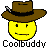 Pixelated yellow smiley face wearing a brown cowboy hat with black band and feather, below which is the text "Coolbuddy" in pixel font on gray background.