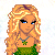 Pixelated cartoon girl with blonde hair and blue eyes wearing green top and necklace, next to text about playing with Barbie dolls.