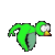 Green cartoon bird with white eyes and yellow beak in nine sequential poses showing falling, tumbling, and landing actions against gray background.
