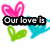 Animated icon with pink, green, and blue hearts and text reading 'Our love is like the wind You can't see it but you can feel it <3' on white background.