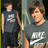 Two people in gray Nike shirts stand against a dark background with purple pixelated text reading 'its not obessive' and 'cuz I stalk him!' on a dark blue field.