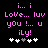 Pixelated pink text on black background reads 'i... i Love... luv you !... u iLy!' with five white and gray plus signs below.