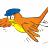 Animated Dr. Seuss-style bird character in three sequential frames showing flight, transformation, and landing on sand with blue moon-like shapes.