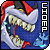 Pixelated dragon head with open mouth showing teeth, red horns, blue background, and vertical text on the right.